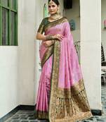 Pink green silk blend with woven saree with unstitched blouse piece