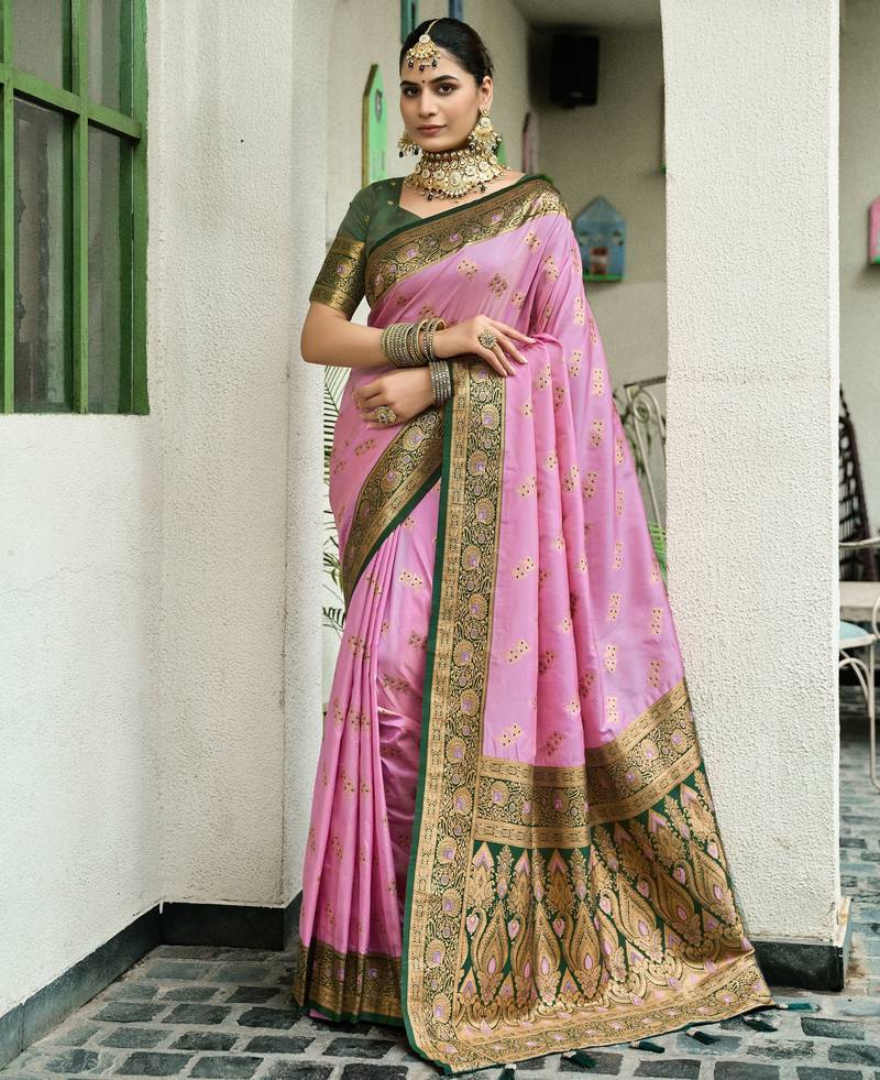 Pink green soft silk blend with woven work designer party wear festive saree with unstitched blouse piece
