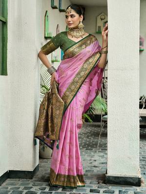 Pink green silk blend with woven saree with unstitched blouse piece 2