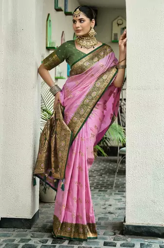 Pink green silk blend with woven saree with unstitched blouse piece