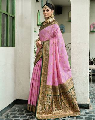 Pink green silk blend with woven saree with unstitched blouse piece 3