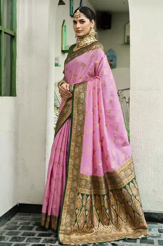 Pink green silk blend with woven saree with unstitched blouse piece