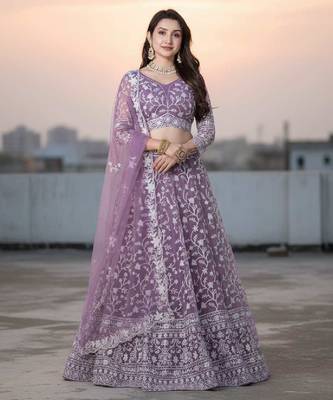 Lavender Net Embroidered Lehenga Choli Set With Dupatta And Blouse Piece 1