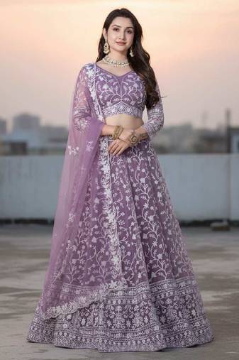 Lavender Net Embroidered Lehenga Choli Set With Dupatta And Blouse Piece