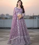 Lavender Net Embroidered Lehenga Choli Set With Dupatta And Blouse Piece