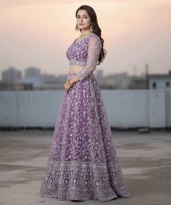 Lavender Net Embroidered Lehenga Choli Set With Dupatta And Blouse Piece 2