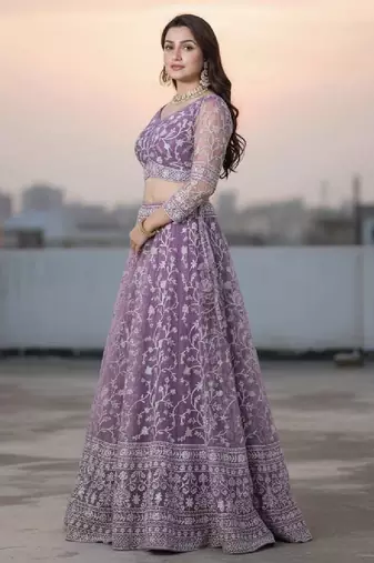 Lavender Net Embroidered Lehenga Choli Set With Dupatta And Blouse Piece