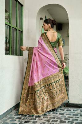 Pink green silk blend with woven saree with unstitched blouse piece 4