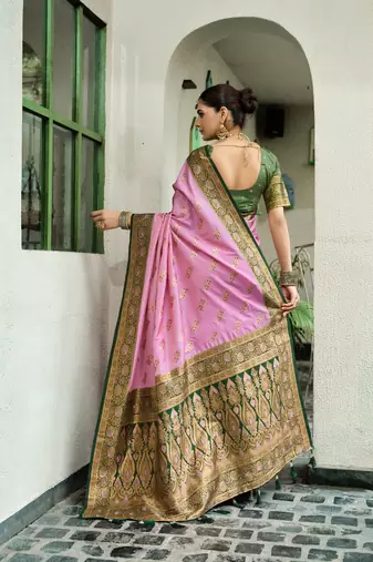 Pink green silk blend with woven saree with unstitched blouse piece