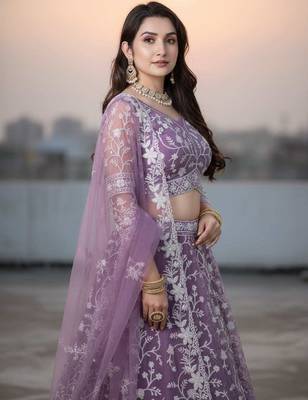 Lavender Net Embroidered Lehenga Choli Set With Dupatta And Blouse Piece 3