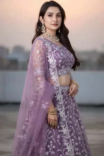 Lavender Net Embroidered Lehenga Choli Set With Dupatta And Blouse Piece