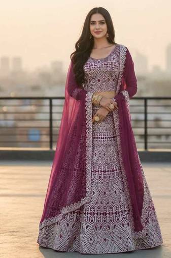 Wine Net Embroidered Lehenga Choli Set With Dupatta And Blouse Piece