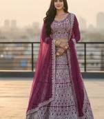 Wine Net Embroidered Lehenga Choli Set With Dupatta And Blouse Piece
