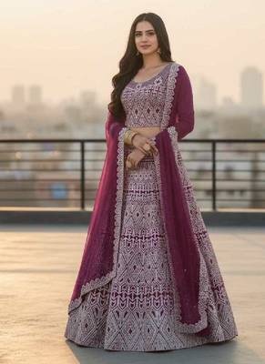 Wine Net Embroidered Lehenga Choli Set With Dupatta And Blouse Piece 2