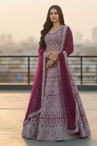 Wine Net Embroidered Lehenga Choli Set With Dupatta And Blouse Piece