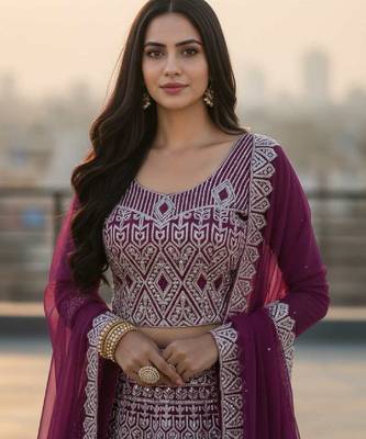 Wine Net Embroidered Lehenga Choli Set With Dupatta And Blouse Piece 3