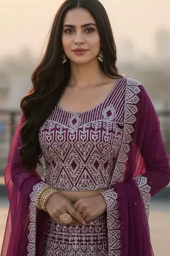 Wine Net Embroidered Lehenga Choli Set With Dupatta And Blouse Piece