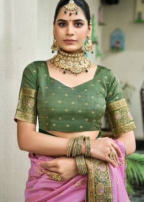 Pink green silk blend with woven saree with unstitched blouse piece 5