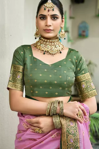 Pink green silk blend with woven saree with unstitched blouse piece