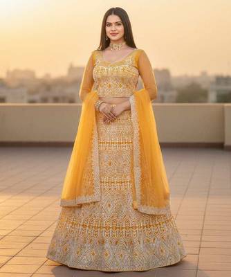 Yellow Net Embroidered Lehenga Choli Set With Dupatta And Blouse Piece 1