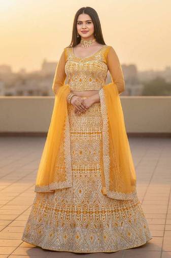 Yellow Net Embroidered Lehenga Choli Set With Dupatta And Blouse Piece