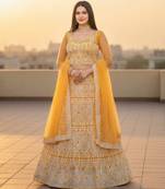 Women's Yellow Net Embroidered Semi-Stiched Lehenga Choli Set With Dupatta And Blouse Piece