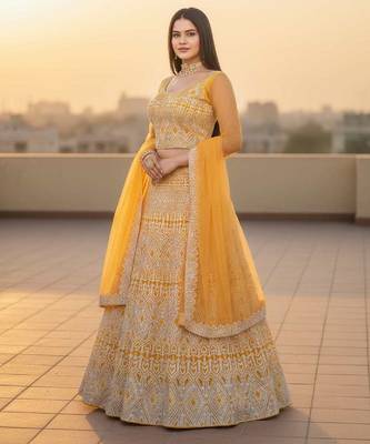 Yellow Net Embroidered Lehenga Choli Set With Dupatta And Blouse Piece 2