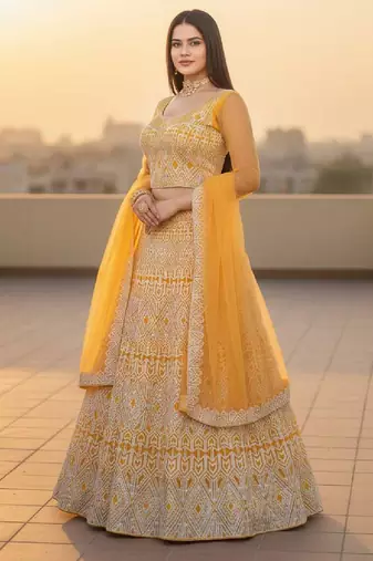 Yellow Net Embroidered Lehenga Choli Set With Dupatta And Blouse Piece