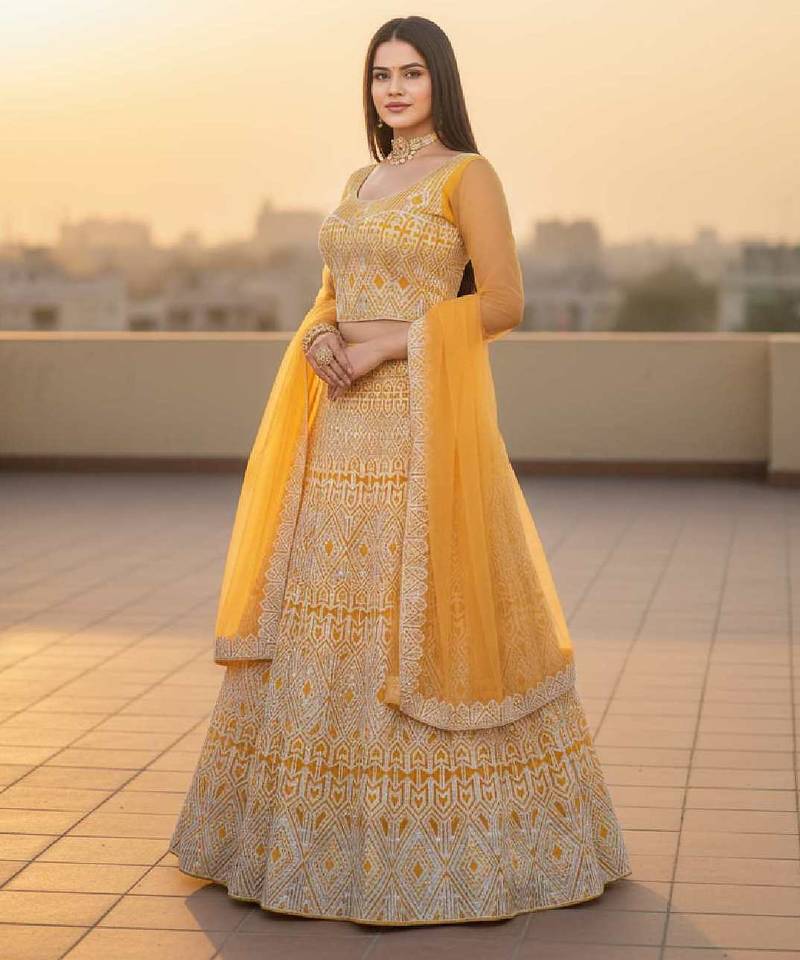 Women's Yellow Net Embroidered Semi-Stiched Lehenga Choli Set With Dupatta And Blouse Piece
