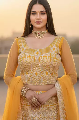 Yellow Net Embroidered Lehenga Choli Set With Dupatta And Blouse Piece