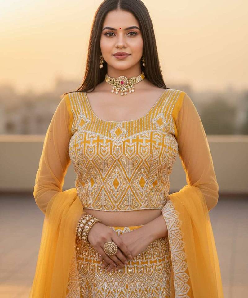 Women's Yellow Net Embroidered Semi-Stiched Lehenga Choli Set With Dupatta And Blouse Piece