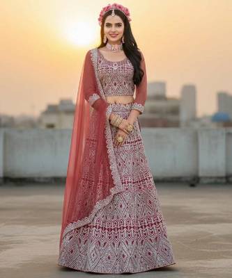 Peach Net Embroidered Lehenga Choli Set With Dupatta And Blouse Piece 1