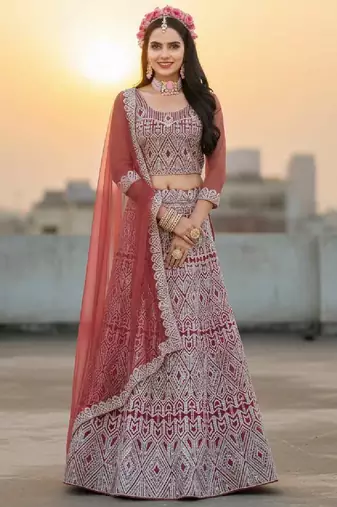 Women's Peach Net Embroidered Semi-Stiched Lehenga Choli Set With Dupatta And Blouse Piece