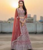 Peach Net Embroidered Lehenga Choli Set With Dupatta And Blouse Piece