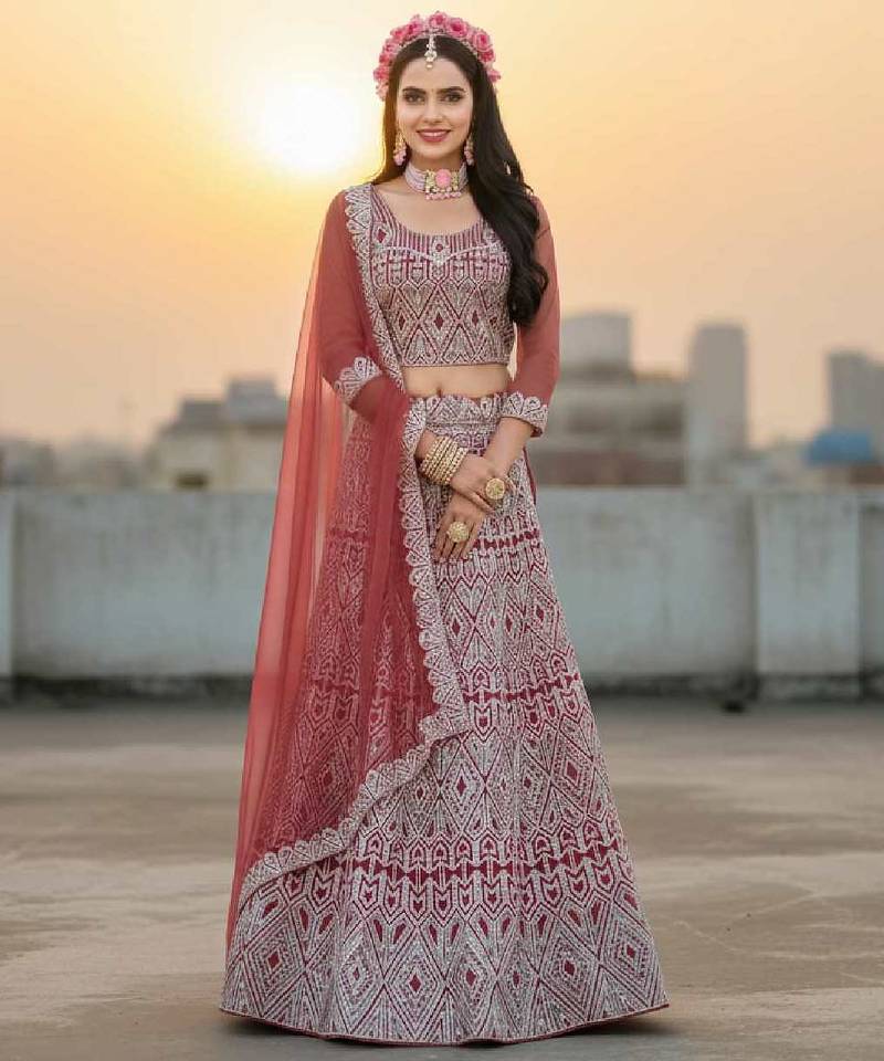 Peach Net Embroidered Lehenga Choli Set With Dupatta And Blouse Piece