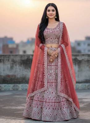 Peach Net Embroidered Lehenga Choli Set With Dupatta And Blouse Piece 2