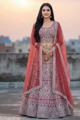 Peach Net Embroidered Lehenga Choli Set With Dupatta And Blouse Piece