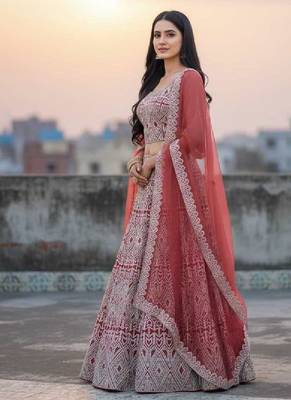 Peach Net Embroidered Lehenga Choli Set With Dupatta And Blouse Piece 3