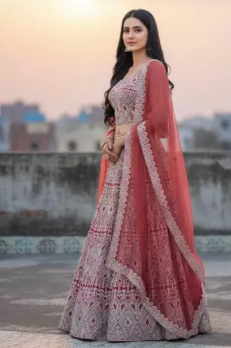 Peach Net Embroidered Lehenga Choli Set With Dupatta And Blouse Piece