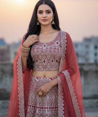 Peach Net Embroidered Lehenga Choli Set With Dupatta And Blouse Piece 4