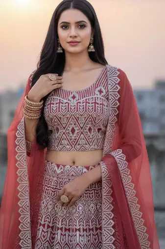 Peach Net Embroidered Lehenga Choli Set With Dupatta And Blouse Piece