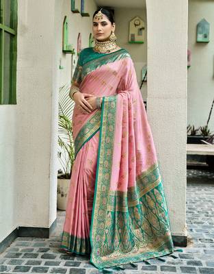 Pink rama silk blend with woven saree with unstitched blouse piece 1