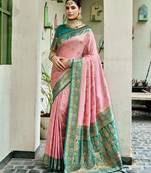 Pink rama silk blend with woven saree with unstitched blouse piece