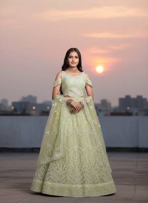 Light Yellow Net Embroidered Lehenga Choli Set With Dupatta And Blouse Piece 1
