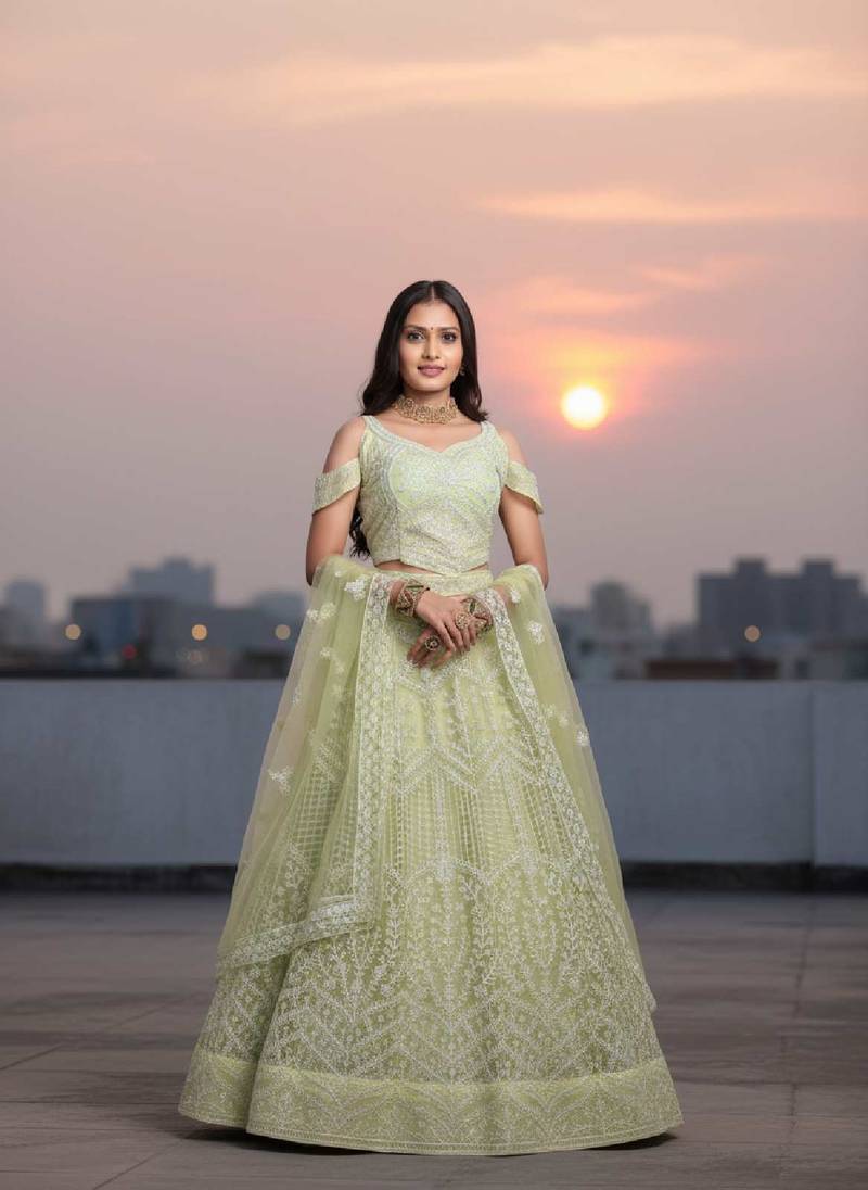 Women's Light Yellow Net Embroidered Semi-Stiched Lehenga Choli Set With Dupatta And Unstiched Blouse Piece