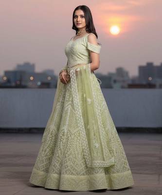 Light Yellow Net Embroidered Lehenga Choli Set With Dupatta And Blouse Piece 2