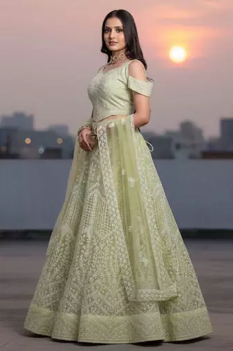 Light Yellow Net Embroidered Lehenga Choli Set With Dupatta And Blouse Piece