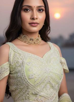 Light Yellow Net Embroidered Lehenga Choli Set With Dupatta And Blouse Piece 3
