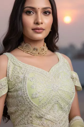 Light Yellow Net Embroidered Lehenga Choli Set With Dupatta And Blouse Piece