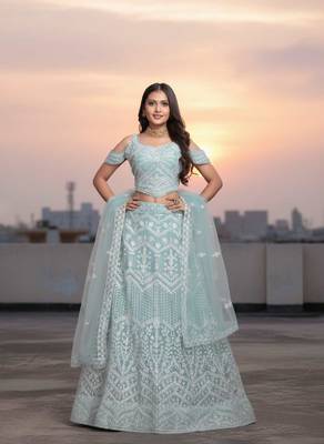 Blue Net Embroidered Lehenga Choli Set With Dupatta And Blouse Piece 1